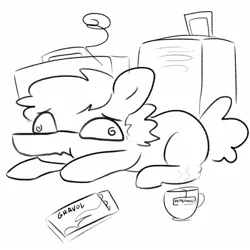 Size: 1440x1440 | Tagged: safe, artist:tjpones, derpibooru import, oc, oc:tjpones, unofficial characters only, earth pony, pony, black and white, cup, food, glasses, grayscale, luggage, lying down, male, monochrome, nauseous, prone, simple background, solo, stallion, swirly eyes, tea, teacup, white background