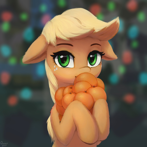 Size: 2048x2048 | Tagged: safe, artist:quvr, derpibooru import, applejack, earth pony, pony, applebetes, cute, dishonorapple, female, floppy ears, food, fruit heresy, hatless, jackabetes, looking at you, mare, missing accessory, orange, solo, sweet dreams fuel, tangerine