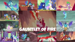 Size: 1966x1108 | Tagged: safe, derpibooru import, edit, edited screencap, editor:quoterific, screencap, garble, princess celestia, princess ember, princess luna, rarity, spike, twilight sparkle, alicorn, gauntlet of fire, armor, bloodstone scepter, twilight's castle, twilight sparkle (alicorn)