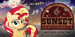 Size: 1024x512 | Tagged: artist needed, safe, derpibooru import, sunset shimmer, pony, unicorn, fallout equestria, advertisement, female, looking at you, mare, poster, solo, sunset sarsparilla, text, vector