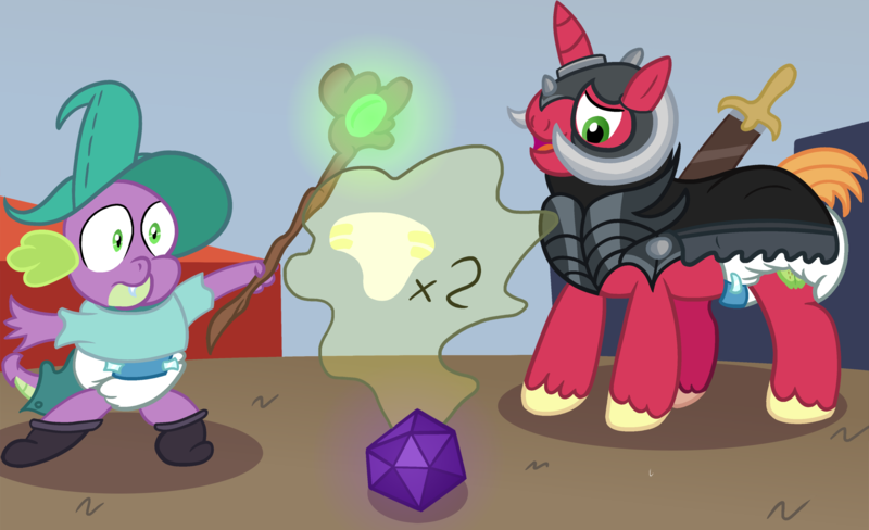 Size: 2400x1463 | Tagged: questionable, artist:sweetielover, derpibooru import, big macintosh, spike, dragon, pony, unicorn, clothes, costume, d20, diaper, diaper fetish, dice, fetish, garbuncle, race swap, rpg, sir mcbiggen, sword, unicorn big mac, weapon