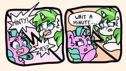 Size: 1146x645 | Tagged: safe, artist:minty joy, derpibooru import, oc, oc:minty joy, oc:minty root, unofficial characters only, pony, unicorn, chest fluff, comic, duo, duo female, ear fluff, female, fluffy, funny, mini comic