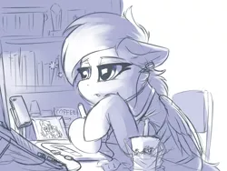 Size: 2400x1800 | Tagged: safe, artist:ravistdash, derpibooru import, oc, oc:ravist, oc:twilight thunder, unofficial characters only, pegasus, pony, bookshelf, box, chair, chinese text, clothes, coffee, computer, cute, drawing, drawing tablet, drink, female, laptop computer, mare, milk tea, monochrome, moon runes, phone, photo, photo frame, shirt, sitting, t-shirt, tired, trophy