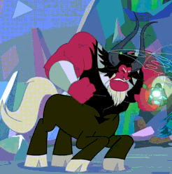 Size: 832x844 | Tagged: safe, derpibooru import, edit, edited screencap, screencap, lord tirek, queen chrysalis, centaur, the ending of the end, angry, animated, bell, bracer, cloven hooves, colored hooves, cropped, eyes closed, fist, grogar's bell, lip bite, male, male focus, muscles, nose piercing, nose ring, piercing, reversed, solo focus, vein bulge