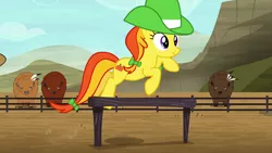 Size: 1920x1080 | Tagged: safe, derpibooru import, screencap, buffalo, earth pony, pony, appleoosa's most wanted, female, hat, hurdle, jumping, mare