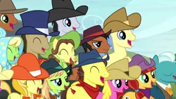 Size: 1920x1080 | Tagged: safe, derpibooru import, screencap, apple munchies, cherry berry, doctor whooves, goldengrape, jade spade, jonagold, lucky clover, marmalade jalapeno popette, mccree, meadow song, sir colton vines iii, time turner, yuma spurs, earth pony, pony, appleoosa's most wanted, apple family member, appleloosa resident, female, hat, male, mare, stallion