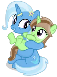 Size: 1532x2062 | Tagged: safe, artist:grapefruitface1, derpibooru import, trixie, oc, oc:limey lulamoon, pony, unicorn, base used, duo, female, filly, freckles, hairpin, horn, horn ring, hug, jewelry, like mother like daughter, like parent like child, looking at each other, offspring, older, older trixie, parent:oc:grapefruit face, parent:trixie, parents:canon x oc, parents:grapexie, ring, simple background, transparent background, updated, wedding ring