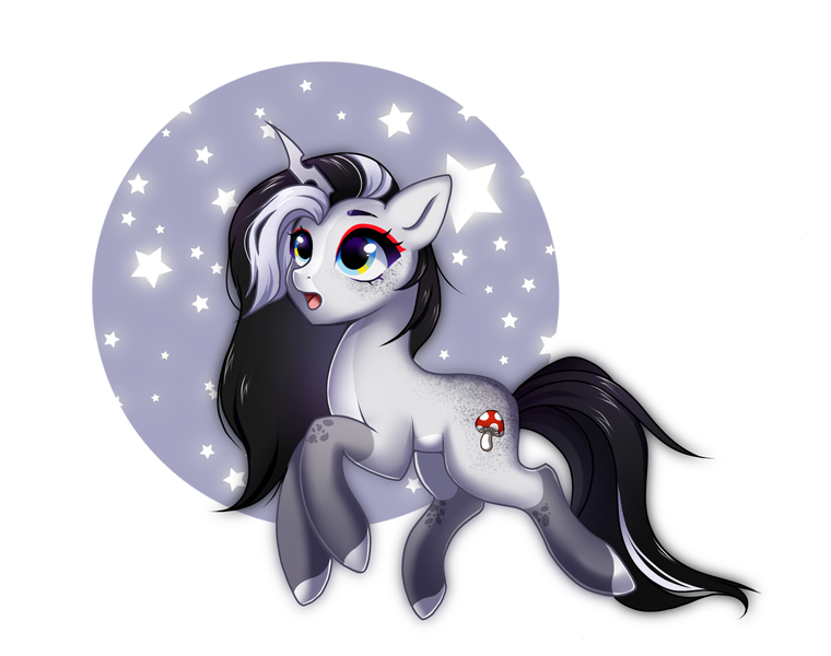 Size: 2231x1761 | Tagged: safe, artist:jaderabbit, derpibooru import, oc, oc:oushu, unicorn, black mane, blue eyes, commission, cute, cutie mark, freckles, simple background, solo, stars