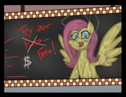 Size: 808x620 | Tagged: suggestive, artist:happy harvey, derpibooru import, fluttershy, ponified, pegasus, pony, blushing, chalkboard, cheese, colored pupils, drawn on phone, feta, feta cheese, food, futa, hat, implied futa, intersex, looking at you, meme, ponified meme, sign, spread wings, wingboner, wings