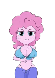 Size: 1000x1414 | Tagged: suggestive, artist:happy harvey, derpibooru import, pinkie pie, human, equestria girls, bedroom eyes, big breasts, blushing, breasts, busty pinkie pie, cleavage, clothes, drawn on phone, erect nipples, female, lip bite, looking at you, nipple outline, open fly, panties, pants, pulling clothes, simple background, smiling, smug, tanktop, thong, transparent background, unbuttoned, underwear, yoga pants