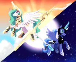 Size: 1100x899 | Tagged: safe, artist:riouku, derpibooru import, princess celestia, princess luna, alicorn, pony, fall of the crystal empire, armor, cloud, commission, crepuscular rays, female, glowing horn, halberd, horn, magic, moon, royal sisters, siblings, sisters, stars, sun, sword, weapon