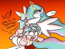 Size: 642x482 | Tagged: safe, artist:banebuster, derpibooru import, cozy glow, princess celestia, alicorn, pegasus, pony, series:tiny tia, a better ending for cozy, abuse, alternate ending, angry, cozybuse, female, filly, freckles, glowing horn, gradient background, horn, imminent spanking, magic, open mouth, punish the villain, punishment, spanking, tail, tail pull, telekinesis, this will end in pain