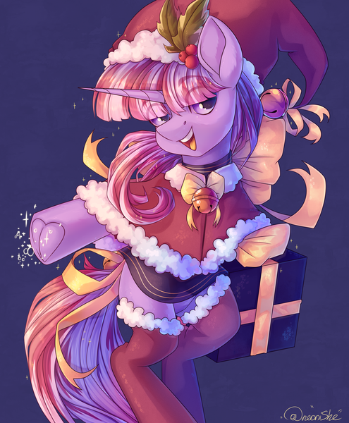 Size: 1650x2000 | Tagged: safe, artist:neonishe, derpibooru import, oc, unofficial characters only, pony, unicorn, bipedal, christmas, clothes, cute, eye clipping through hair, femboy, frog (hoof), hat, holiday, holly, hoofbutt, horn, looking at you, male, open mouth, present, ribbon, santa hat, signature, skirt, smiling, socks, solo, stockings, thigh highs, underhoof, unicorn oc
