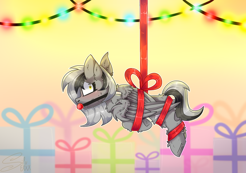 Size: 1476x1041 | Tagged: questionable, artist:silvexxx01, derpibooru import, oc, oc:greyscale, pegasus, pony, ballgag, bondage, christmas, christmas lights, commission, drool, gag, gift wrapped, holiday, ribbon, solo, suspended, wide eyes, ych result
