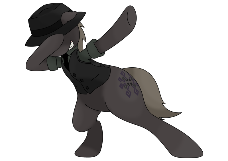Size: 2480x1748 | Tagged: safe, artist:darkhooves, derpibooru import, oc, oc:darkhooves, unofficial characters only, earth pony, pony, derpibooru community collaboration, 2021 community collab, bipedal, clothes, dab, earth pony oc, eyeless pony, fedora, floppy ears, grin, hat, male, necktie, rolled up sleeves, shirt, simple background, smiling, solo, stallion, transparent background, underhoof, vest