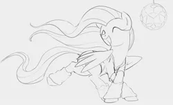 Size: 1193x723 | Tagged: safe, artist:dotkwa, derpibooru import, fluttershy, pegasus, pony, dancing, disco ball, eyes closed, female, grayscale, head turned, leg warmers, lineart, mare, monochrome, open mouth, raised leg, simple background, sketch, smiling, solo, spread wings, white background, wings