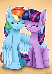 Size: 2480x3507 | Tagged: safe, artist:twidasher, derpibooru import, rainbow dash, twilight sparkle, pegasus, pony, unicorn, eyes closed, feather, female, hug, lesbian, shipping, signature, smiling, twidash, unicorn twilight, winghug