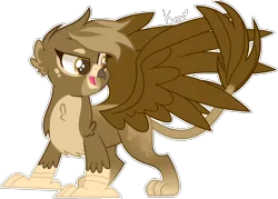 Size: 1418x1017 | Tagged: safe, artist:holdytussigwpigeon, artist:kurosawakuro, derpibooru import, oc, unofficial characters only, gryphon, base used, female, griffon oc, open mouth, simple background, smiling, solo, spread wings, transparent background, wings