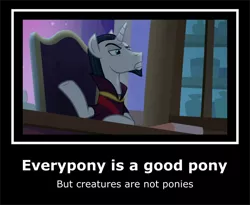 Size: 570x468 | Tagged: safe, artist:smt5015, derpibooru import, edit, edited screencap, screencap, chancellor neighsay, school raze, demotivational poster, meme, speciesism