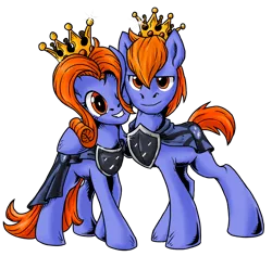Size: 1856x1751 | Tagged: safe, artist:sonicpegasus, derpibooru import, oc, oc:prince baltic, oc:princess pomerania, earth pony, derpibooru community collaboration, 2021 community collab, brother and sister, clothes, coat, crown, female, hug, jewelry, male, regalia, shield, siblings, simple background, size difference, transparent background, tribrony, twins