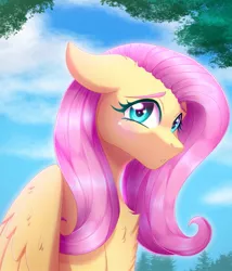 Size: 1337x1560 | Tagged: safe, artist:_ladybanshee_, derpibooru import, fluttershy, pegasus, pony, blushing, bust, chest fluff, cute, female, floppy ears, looking at you, mare, nature, outdoors, portrait, shyabetes, sky, solo, three quarter view, wings