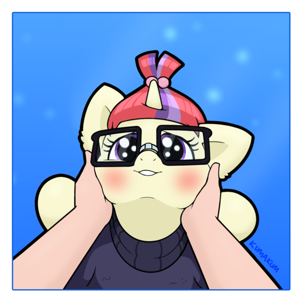 Size: 1500x1500 | Tagged: safe, artist:kumakum, derpibooru import, part of a set, moondancer, pony, unicorn, blushing, clothes, cute, dancerbetes, female, glasses, hands on cheeks, happy, looking at you, male, male pov, mare, offscreen character, pov, smiling, sweater, weapons-grade cute