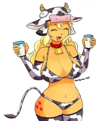 Size: 1500x1798 | Tagged: suggestive, artist:handgunboi, derpibooru import, applejack, anthro, cow, earth pony, adorasexy, applecow, arm warmers, bell, bell collar, belly button, big breasts, bikini, breasts, busty applejack, clothes, collar, costume, cow costume, cowkini, cowprint, cow swimsuit, cow tail, cute, cute little fangs, eyes closed, fangs, female, glass, glass of milk, hat, huge breasts, jackabetes, milk, open mouth, sexy, simple background, smiling, socks, solo, stockings, string bikini, swimsuit, tail, thigh highs, white background