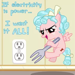 Size: 6969x6969 | Tagged: safe, artist:kmlp, derpibooru import, cozy glow, pegasus, pony, absurd resolution, electrical outlet, evil grin, flying, fork, grin, imminent darwin award, looking at you, pure concentrated unfiltered evil of the utmost potency, pure unfiltered evil, scheming, smiling, talking to viewer, this will end in death, this will end in electrocution, too dumb to live, vector