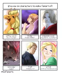 Size: 850x1015 | Tagged: safe, artist:colanike, derpibooru import, applejack, earth pony, hedgehog, human, pony, six fanarts, bust, clothes, crossover, edward elric, eye scar, eyes closed, female, fullmetal alchemist, hoers, male, mare, mug, open mouth, scar, shadow the hedgehog, sleeping, sonic the hedgehog (series), star butterfly, star vs the forces of evil