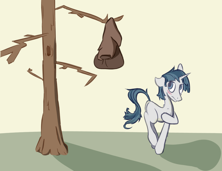 Size: 2274x1755 | Tagged: safe, artist:paracompact, derpibooru import, stygian, pony, unicorn, assisted exposure, blank flank, blushing, butt, embarrassed, embarrassed nude exposure, implied nudity, missing accessory, missing cutie mark, nudity, plot, tree, wardrobe malfunction, we don't normally wear clothes