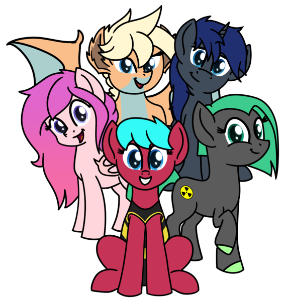 Size: 5142x5425 | Tagged: safe, artist:yugtra, derpibooru import, oc, oc:lodestone, oc:luscious desire, oc:pink candy bat, oc:star fall, oc:toxcity, oc:windsweeper, unofficial characters only, bat pony, changeling, dragon, earth pony, pony, unicorn, clothes, group photo, group shot, long mane, looking at you, one-piece swimsuit, pose, short mane, simple background, smiling, spread wings, swimsuit, transparent background, wings