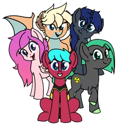Size: 5142x5425 | Tagged: safe, artist:yugtra, derpibooru import, oc, oc:lodestone, oc:luscious desire, oc:pink candy bat, oc:star fall, oc:toxcity, oc:windsweeper, unofficial characters only, bat pony, changeling, dragon, earth pony, pony, unicorn, clothes, group photo, group shot, long mane, looking at you, one-piece swimsuit, pose, short mane, simple background, smiling, spread wings, swimsuit, transparent background, wings