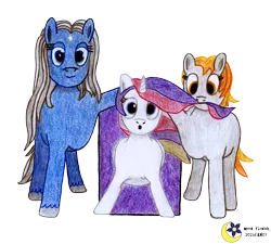Size: 3280x2954 | Tagged: safe, artist:moon flower, derpibooru import, oc, oc:darkest hour, oc:moon flower, oc:noble pinions, unofficial characters only, alicorn, earth pony, pony, derpibooru community collaboration, 2021, 2021 community collab, alicorn oc, blue eyes, blue fur, coloured pencil drawing, earth pony oc, ethereal hair, ethereal mane, eyelashes, feathered wings, folded wings, front view, gray mane, grey fur, grey hair, high res, hooves, horn, lidded eyes, logo, looking at something, looking at you, looking down, minecraft, mouth hold, nether portal, open mouth, orange eyes, orange hair, orange mane, pencil drawing, pink hair, pink mane, portal, purple hair, purple mane, raised leg, signature, simple background, smiling, spread legs, spreading, star (coat marking), tail, traditional art, transparent background, trio, wings