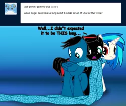 Size: 7136x5995 | Tagged: safe, artist:agkandphotomaker2000, derpibooru import, vinyl scratch, oc, oc:arnold the pony, oc:pony video maker, pegasus, pony, unicorn, tumblr:pony video maker's blog, ask, clothes, dialogue, long scarf, raised hoof, red and black mane, red and black oc, scarf, shared clothing, shared scarf, show accurate, tumblr