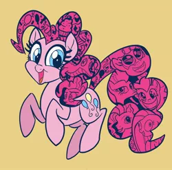 Size: 2048x2020 | Tagged: safe, artist:sophillia, derpibooru import, part of a set, gummy, pinkie pie, earth pony, pony, bet you can't make a face crazier than this, cupcake, cute, decorative hatching, diapinkes, duckface, faic, female, filly, filly pinkie pie, food, happy, mare, multeity, orange background, pinkamena diane pie, pinkie pie is best facemaker, simple background, solo, too much pink energy is dangerous, younger
