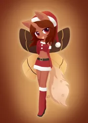 Size: 2150x3024 | Tagged: anthro, artist:howxu, belly button, changeling, christmas, christmas changeling, clothes, costume, derpibooru import, holiday, insect, midriff, moth, mothling, oc, oc:flechette, original species, red changeling, safe, santa costume, species swap, unofficial characters only