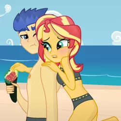 Size: 818x818 | Tagged: safe, artist:grapefruitface1, derpibooru import, flash sentry, sunset shimmer, equestria girls, bare chest, barefoot, base used, blushing, clothes, feet, female, flashimmer, food, male, shipping, straight, sushi, sushi cone, swimsuit