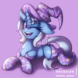 Size: 1500x1500 | Tagged: safe, artist:shad0w-galaxy, derpibooru import, trixie, pony, unicorn, adorasexy, chest fluff, clothes, cute, diatrixes, fangs, female, fluffy, hat, looking at you, lying down, mare, one eye closed, open mouth, patreon, patreon logo, purple background, sexy, simple background, smiling, socks, solo, stockings, thigh highs, wink, winking at you, witch hat