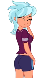 Size: 889x1474 | Tagged: suggestive, artist:gmaplay, derpibooru import, frosty orange, equestria girls, ass, breasts, butt, clothes, eyes closed, frosty butt, shirt, shorts, simple background, solo, sports shorts, transparent background, vector
