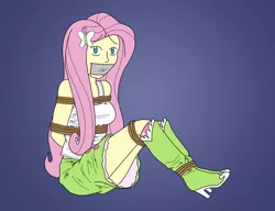 Size: 2280x1752 | Tagged: safe, artist:aramirn123, derpibooru import, fluttershy, equestria girls, arm behind back, arms tied, blue background, bondage, boots, bound, bound and gagged, breasts, busty fluttershy, clothes, feet tied, female, femsub, fluttersub, gag, gradient background, looking at you, rope, rope bondage, shoes, simple background, sitting, skirt, solo, submissive, tape, tape gag, tied, tied up