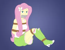 Size: 2280x1752 | Tagged: safe, alternate version, artist:aramirn123, derpibooru import, fluttershy, equestria girls, arm behind back, arms tied, blue background, bondage, boots, bound, bound and gagged, breasts, busty fluttershy, clothes, colored outlines, feet tied, female, femsub, fluttersub, gag, gradient background, looking at you, rope, rope bondage, shoes, simple background, sitting, skirt, solo, submissive, tape, tape gag, tied, tied up