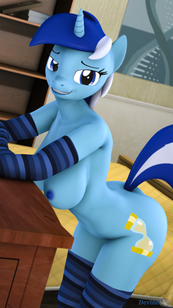 Size: 1080x1920 | Tagged: questionable, artist:devinesfm, derpibooru import, minuette, anthro, 3d, adorasexy, ass, bed, bedroom, breasts, busty minuette, butt, clothes, cute, drawer, female, gloves, horn, looking at you, nipples, nudity, sexy, smiling, smirk, socks, solo, solo female, source filmmaker, striped socks, tail, thigh highs
