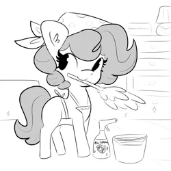 Size: 2880x2880 | Tagged: safe, artist:tjpones, derpibooru import, twilight sparkle, oc, oc:brownie bun, unofficial characters only, earth pony, pony, sparkles! the wonder horse!, apron, bandana, black and white, bucket, clothes, cute, duster, female, grayscale, mare, monochrome, mouth hold, mr. sparkle, ocbetes, simpsons did it, solo, sparkles, spray bottle