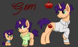 Size: 1150x700 | Tagged: safe, artist:thetenthclass, derpibooru import, oc, oc:gem, unofficial characters only, pony, unicorn, age progression, baby, baby pony, bib, clothes, colt, gray background, hoodie, magical lesbian spawn, male, offspring, parent:applejack, parent:rarity, parents:rarijack, shirt, simple background, solo, stallion, tongue out