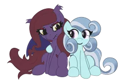 Size: 2033x1401 | Tagged: safe, artist:brownie-bytes, derpibooru import, oc, unofficial characters only, bat pony, crystal pony, pony, derpibooru community collaboration, 2021 community collab, annoyed, bat pony oc, bat wings, crystal pony oc, duo, ear fluff, female, mare, simple background, sitting, smiling, transparent background, wings