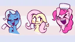 Size: 640x360 | Tagged: safe, artist:juniibugart, derpibooru import, fluttershy, pinkie pie, trixie, earth pony, pegasus, pony, unicorn, gender headcanon, headcanon, lgbt headcanon, pride, pride flag, trans trixie, transgender, transgender pride flag, trio