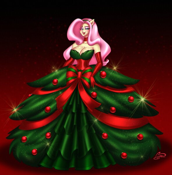 Size: 1620x1644 | Tagged: suggestive, artist:belise, derpibooru import, fluttershy, anthro, big breasts, breasts, busty fluttershy, christmas, cleavage, clothes, commission, dress, female, fluttertree, gown, gradient background, holiday, smiling, solo, solo female