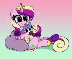 Size: 4096x3356 | Tagged: safe, artist:kittyrosie, derpibooru import, princess cadance, princess flurry heart, alicorn, pony, baby, baby pony, blushing, cute, cutedance, duo, female, filly, floppy ears, flurrybetes, foal, food, gradient background, hnnng, ice cream, ice cream cone, kittyrosie is trying to murder us, mare, mother and child, mother and daughter, sitting, smiling, sweet dreams fuel, weapons-grade cute