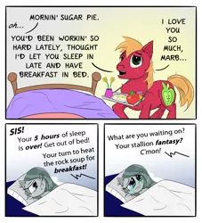 Size: 2300x2529 | Tagged: safe, artist:chopsticks, derpibooru import, big macintosh, marble pie, earth pony, pony, apple, bed, comic, crying, dialogue, dream, egg, female, flower, food, heartbroken marble, implied limestone pie, looking at you, male, marblebuse, marblemac, mare, mood whiplash, morning ponies, offscreen character, sad, shipping, shipping denied, simple background, sketch, stallion, straight, text, vase, yelling
