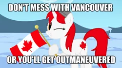 Size: 900x506 | Tagged: safe, artist:bootsyslickmane, derpibooru import, oc, oc:canadance, ponified, unofficial characters only, pony, unicorn, canada, caption, female, flag, hat, image macro, looking at you, mare, nation ponies, one eye closed, pun, smiling, snow, solo, text, wink